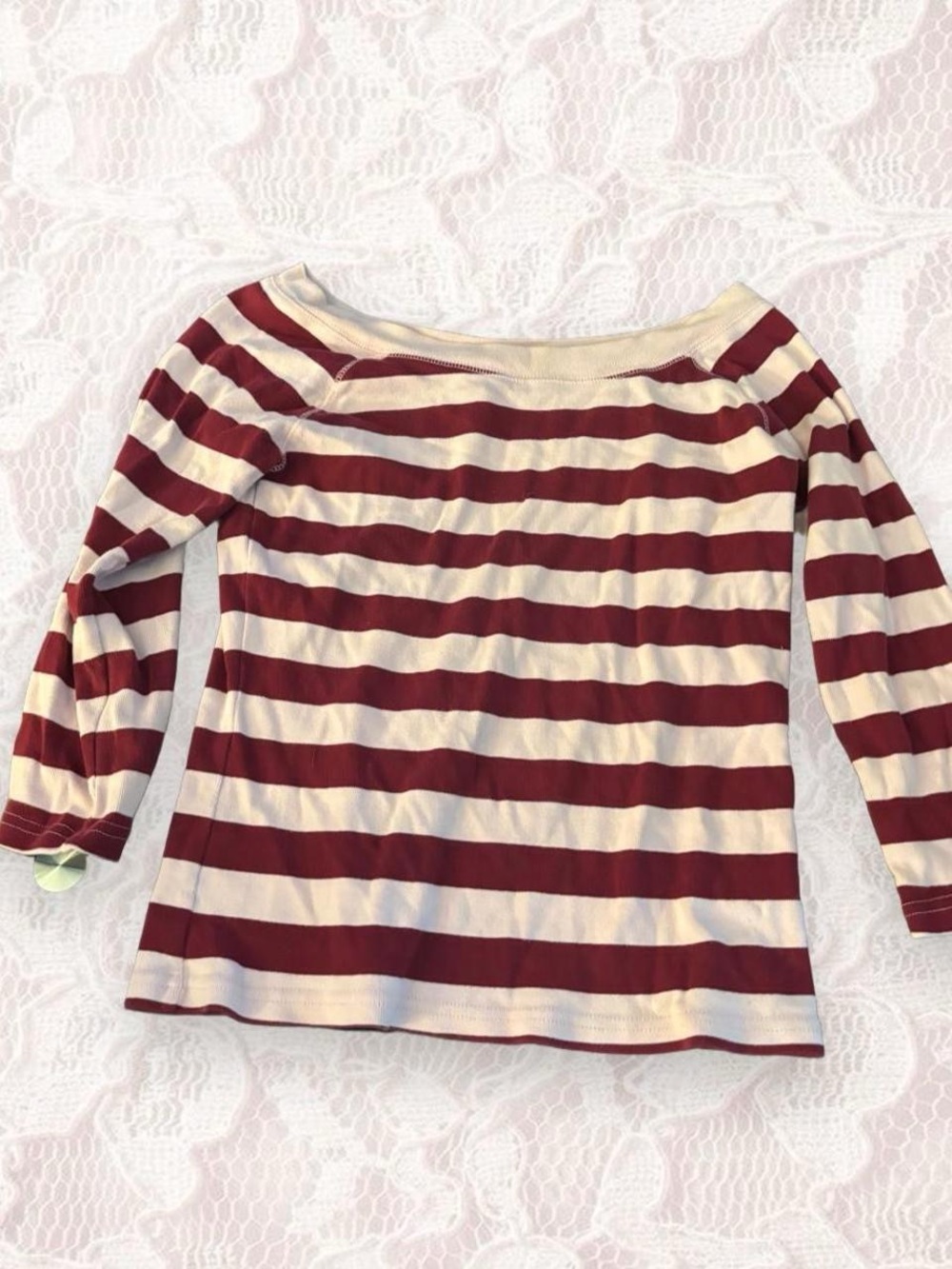 Striped Off-Shoulder Long Sleeve Top - Maroon & Cream